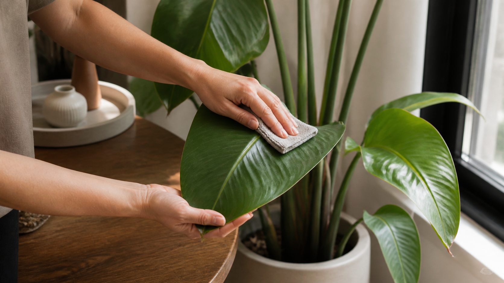 A cleaning professional gently wipes and supports a broad houseplant leaf beside a sunlit window.