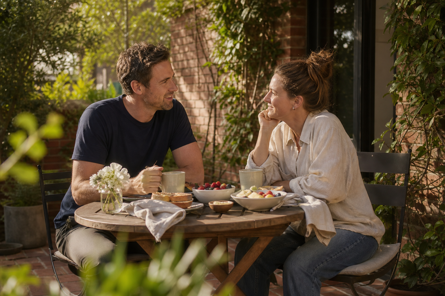 Two adults sharing breakfast at a leafy patio table in warm morning light.
