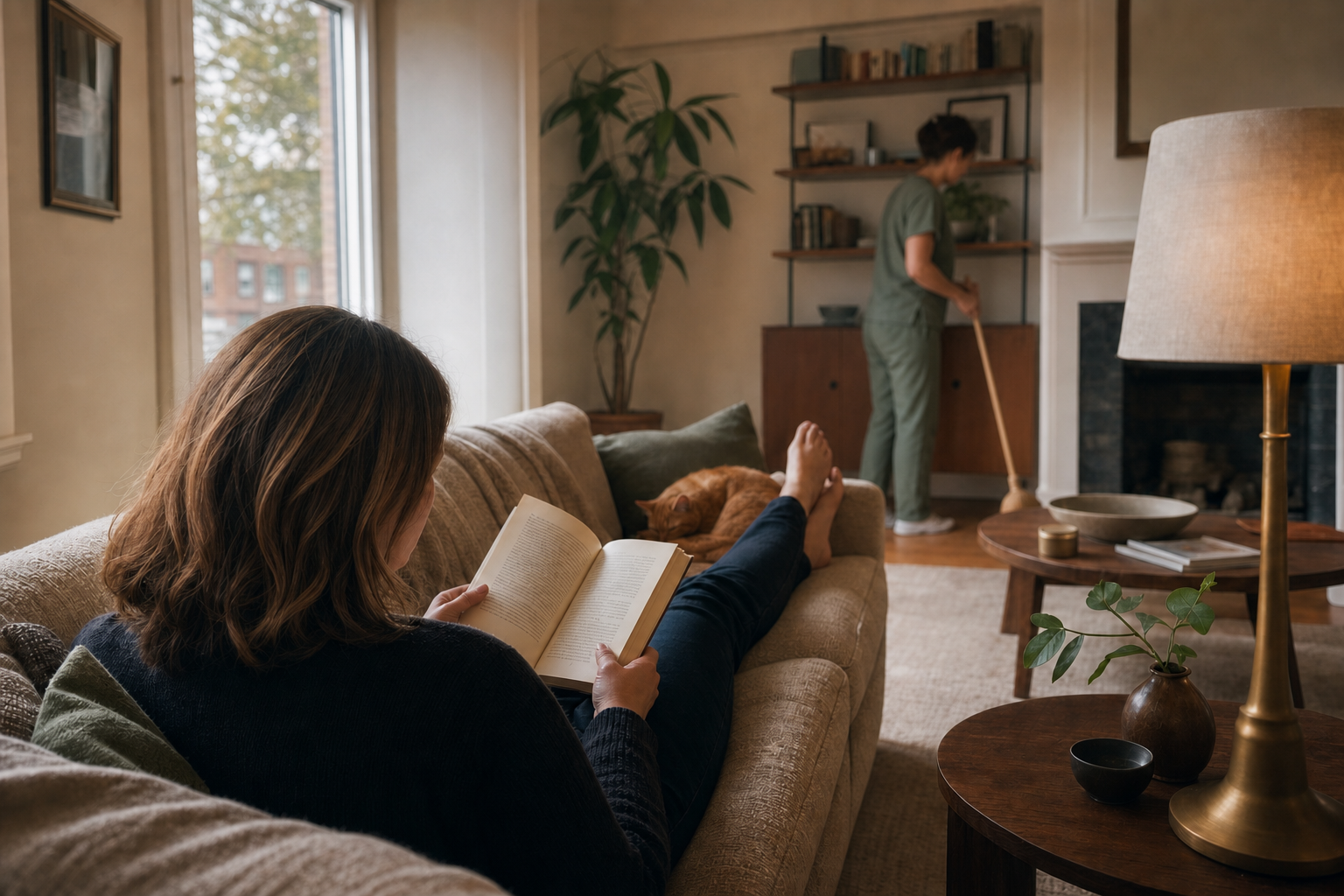 A woman reads with her feet up beside a sleeping cat while another adult sweeps the floor in the background.