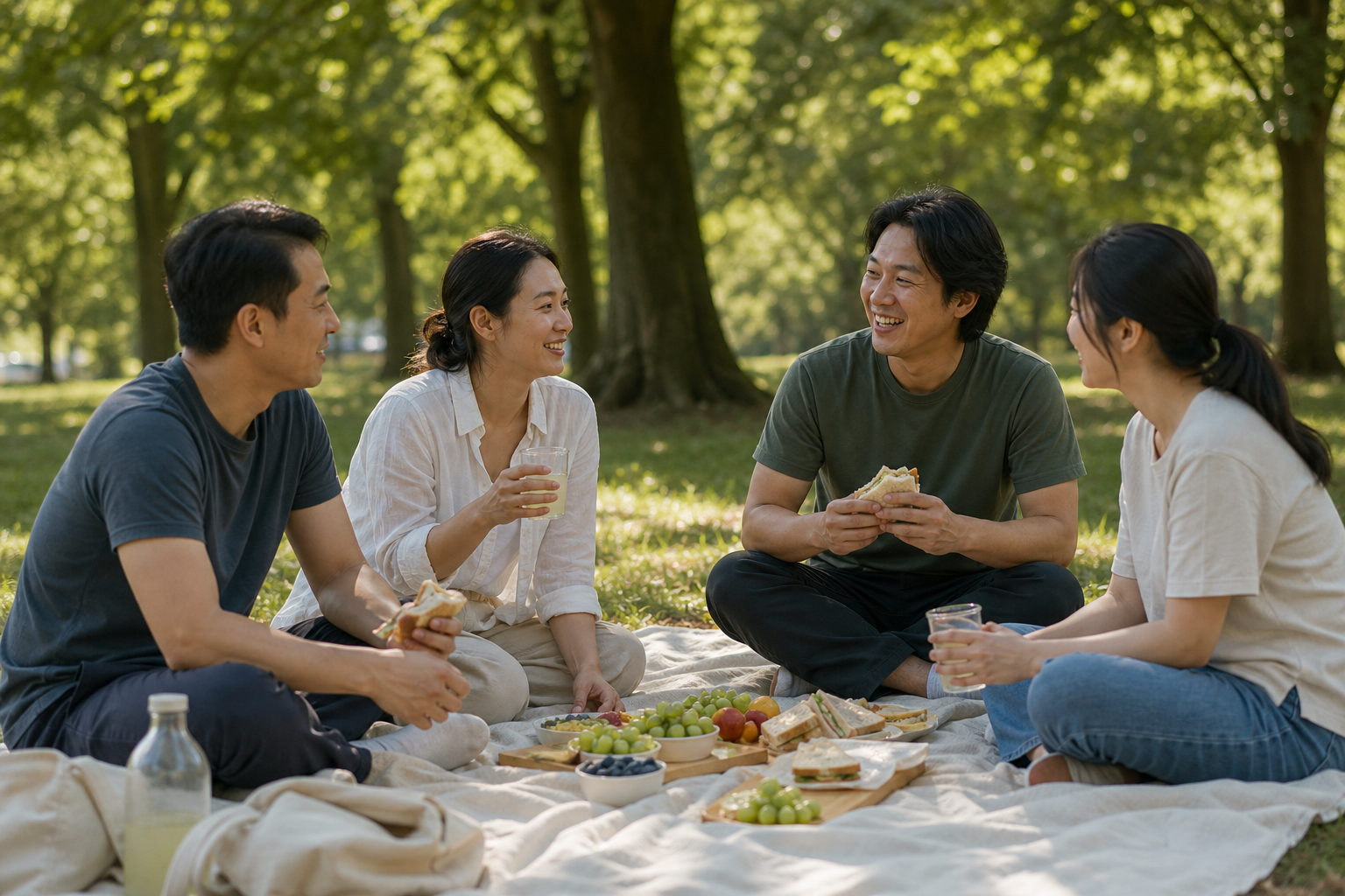 Four friends sharing a picnic on a blanket in a green neighborhood park.
